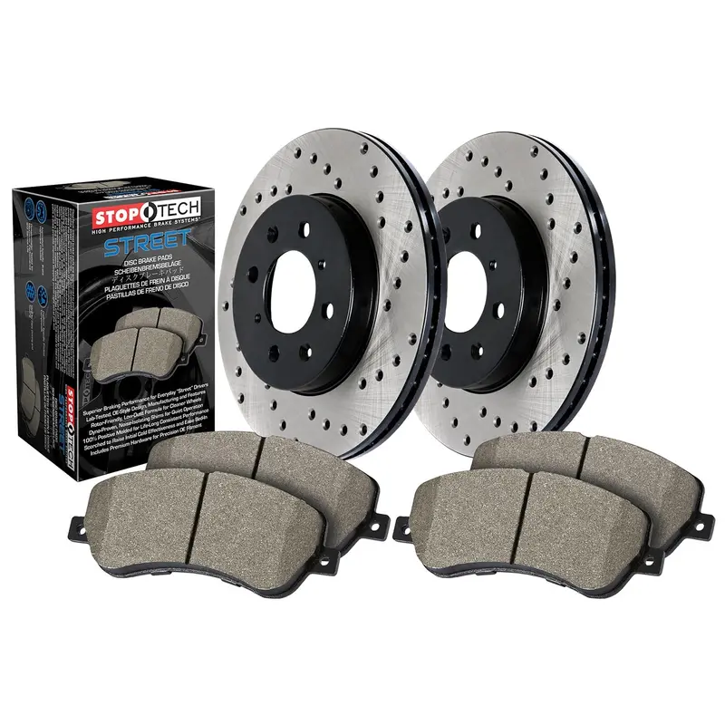 Stoptech 939.42013 Street-Focused Drilled Front Brake Kit With Axle-Mounted Components 1